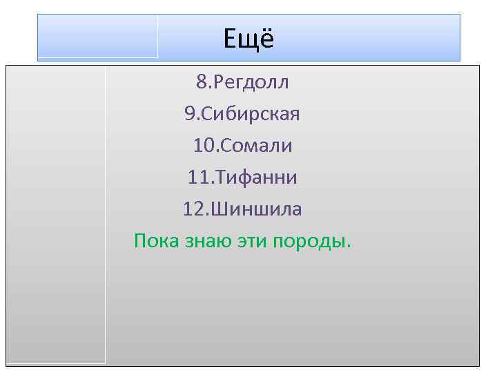 Ещё 8. Регдолл 9. Сибирская 10. Сомали 11. Тифанни 12. Шиншила Пока знаю эти