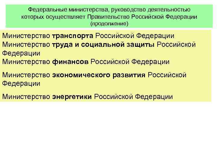 Федеральные министерства, руководство деятельностью которых осуществляет Правительство Российской Федерации (продолжение) Министерство транспорта Российской Федерации