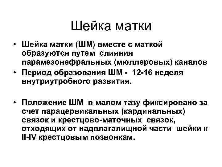 Шейка матки • Шейка матки (ШМ) вместе с маткой образуются путем слияния парамезонефральных (мюллеровых)