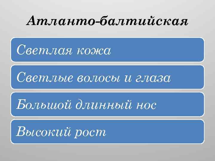 Атланто-балтийская Светлая кожа Светлые волосы и глаза Большой длинный нос Высокий рост 
