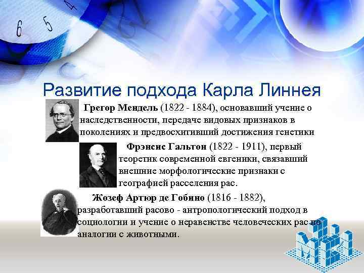 Развитие подхода Карла Линнея Грегор Мендель (1822 - 1884), основавший учение о наследственности, передаче