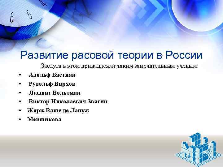Развитие расовой теории в России • • • Заслуга в этом принадлежат таким замечательным