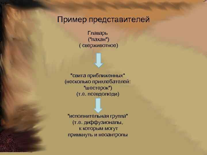 Пример представителей Главарь ("пахан") ( сверживотное) "свита приближенных" (несколько прихлебателей: "шестерок") (т. е. псевдолюди)