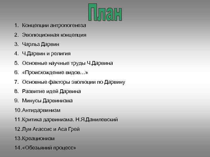 1. Концепции антропогенеза 2. Эволюционная концепция 3. Чарльз Дарвин 4. Ч. Дарвин и религия