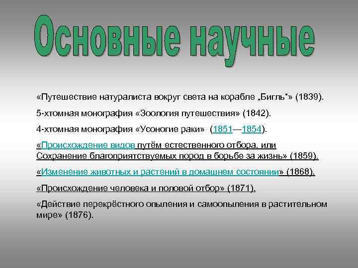  «Путешествие натуралиста вокруг света на корабле „Бигль“» (1839). 5 -хтомная монография «Зоология путешествия»