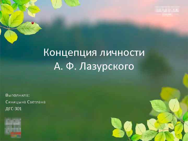 Концепция личности А. Ф. Лазурского Выполнила: Синицына Светлана ДГС-301 