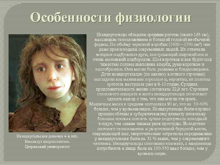 Особенности физиологии Неандертальцы обладали средним ростом (около 165 см), Неандертальская девочка 4 -х лет.