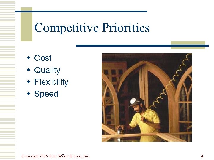 Competitive Priorities w w Cost Quality Flexibility Speed Copyright 2006 John Wiley & Sons,