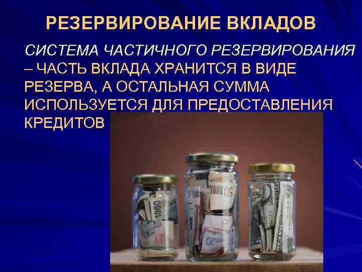 РЕЗЕРВИРОВАНИЕ ВКЛАДОВ СИСТЕМА ЧАСТИЧНОГО РЕЗЕРВИРОВАНИЯ – ЧАСТЬ ВКЛАДА ХРАНИТСЯ В ВИДЕ РЕЗЕРВА, А ОСТАЛЬНАЯ