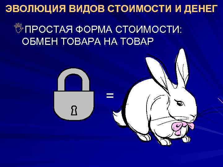 ЭВОЛЮЦИЯ ВИДОВ СТОИМОСТИ И ДЕНЕГ IПРОСТАЯ ФОРМА СТОИМОСТИ: ОБМЕН ТОВАРА НА ТОВАР = 