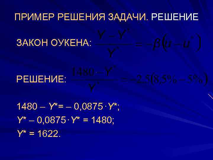 ПРИМЕР РЕШЕНИЯ ЗАДАЧИ. РЕШЕНИЕ ЗАКОН ОУКЕНА: РЕШЕНИЕ: 1480 – Y*= – 0, 0875 ·Y*;