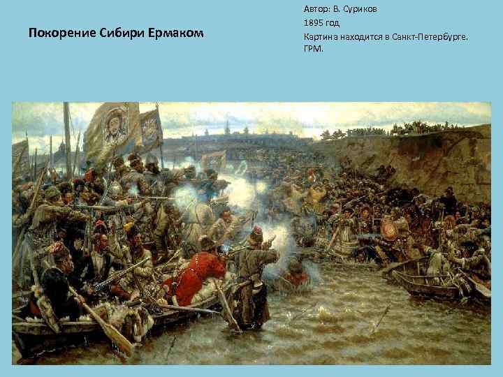 Покорение Сибири Ермаком Автор: В. Суриков 1895 год Картина находится в Санкт-Петербурге. ГРМ. 