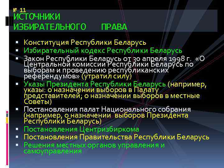 № 11 ИСТОЧНИКИ ИЗБИРАТЕЛЬНОГО ПРАВА Конституция Республики Беларусь Избирательный кодекс Республики Беларусь Закон Республики