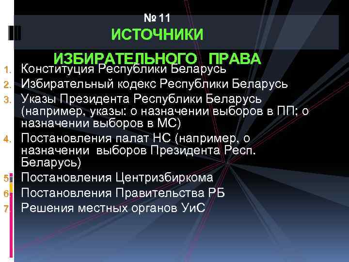 № 11 ИСТОЧНИКИ 1. 2. 3. 4. 5. 6. 7. ИЗБИРАТЕЛЬНОГО ПРАВА Конституция Республики