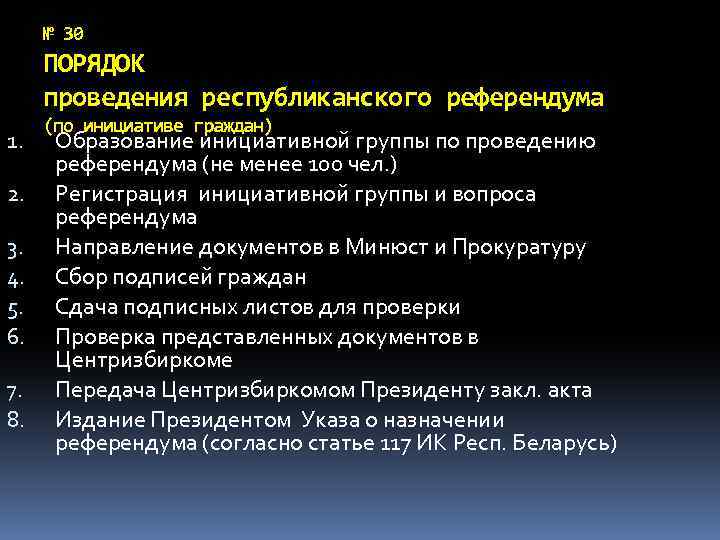 № 30 ПОРЯДОК проведения республиканского референдума 1. 2. 3. 4. 5. 6. 7. 8.