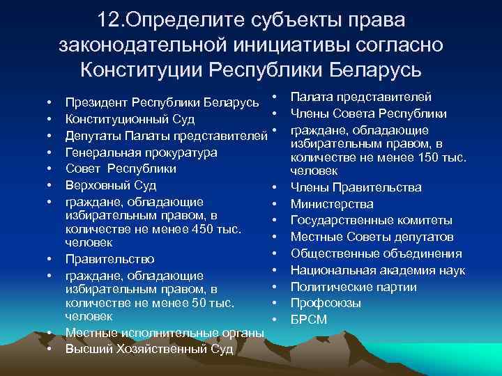 12. Определите субъекты права законодательной инициативы согласно Конституции Республики Беларусь • • • Президент