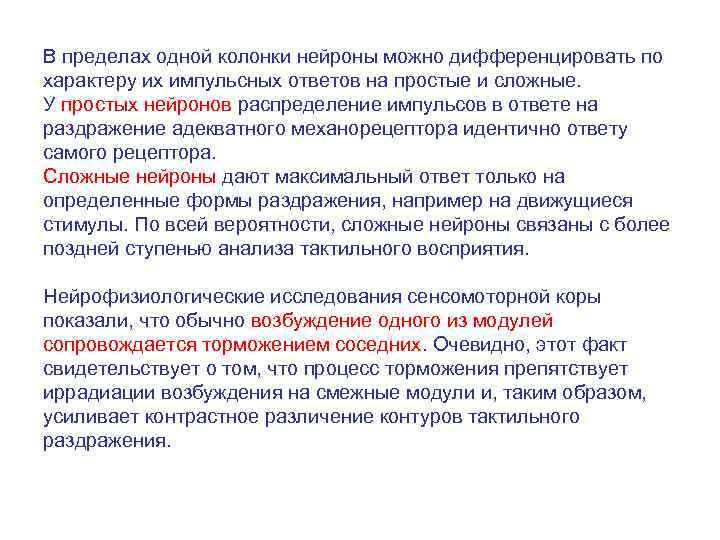 В пределах одной колонки нейроны можно дифференцировать по характеру их импульсных ответов на простые