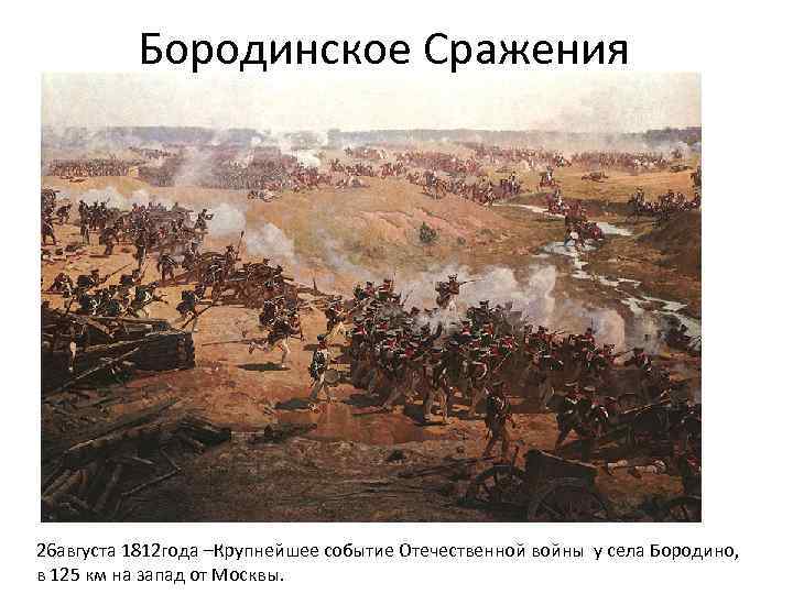 Бородинское Сражения 26 августа 1812 года –Крупнейшее событие Отечественной войны у села Бородино, в