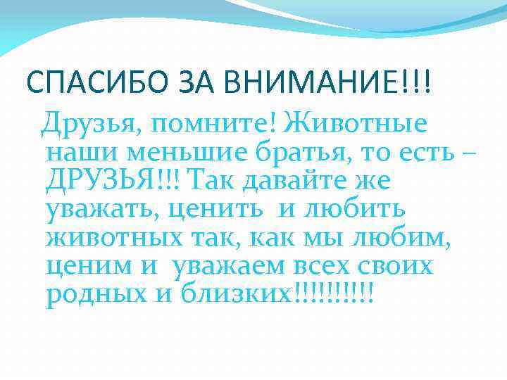 СПАСИБО ЗА ВНИМАНИЕ!!! Друзья, помните! Животные наши меньшие братья, то есть – ДРУЗЬЯ!!! Так