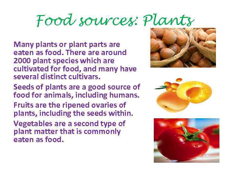Food sources: Plants Many plants or plant parts are eaten as food. There around