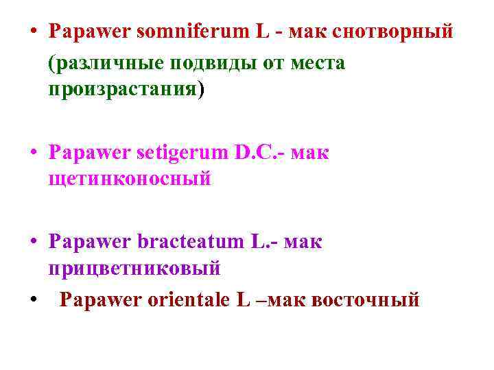  • Papawer somniferum L - мак снотворный (различные подвиды от места произрастания) •