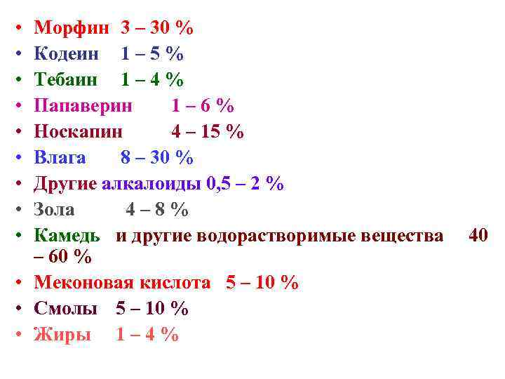  • • • Морфин 3 – 30 % Кодеин 1 – 5 %