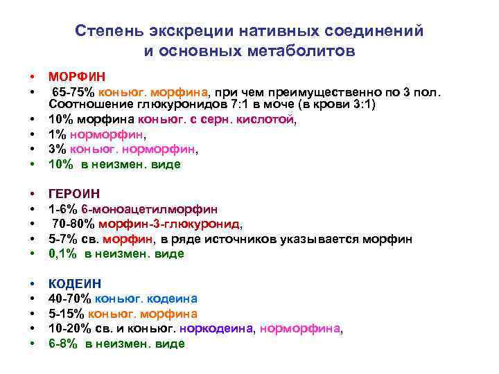Степень экскреции нативных соединений и основных метаболитов • • • МОРФИН 65 -75% коньюг.
