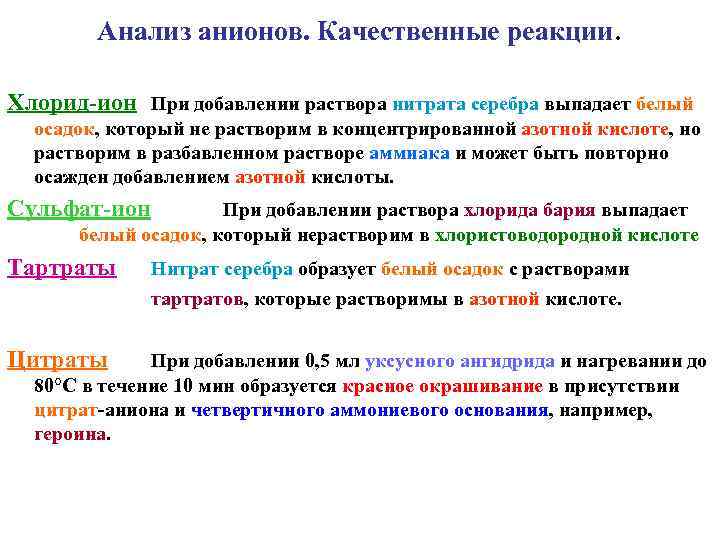 Анализ анионов. Качественные реакции. Хлорид-ион При добавлении раствора нитрата серебра выпадает белый осадок, который