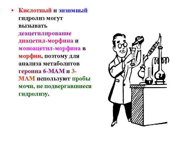  • Кислотный и энзимный гидролиз могут вызывать деацетилирование диацетил-морфина и моноацетил-морфина в морфин,