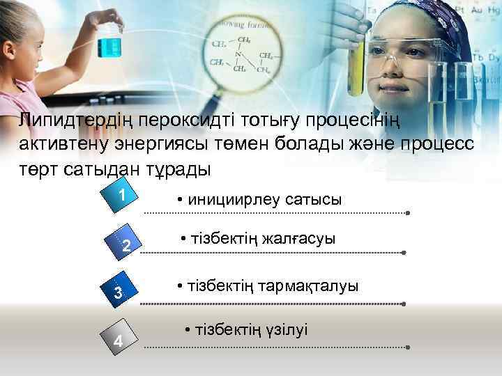 Липидтердің пероксидті тотығу процесінің активтену энергиясы төмен болады және процесс төрт сатыдан тұрады 1