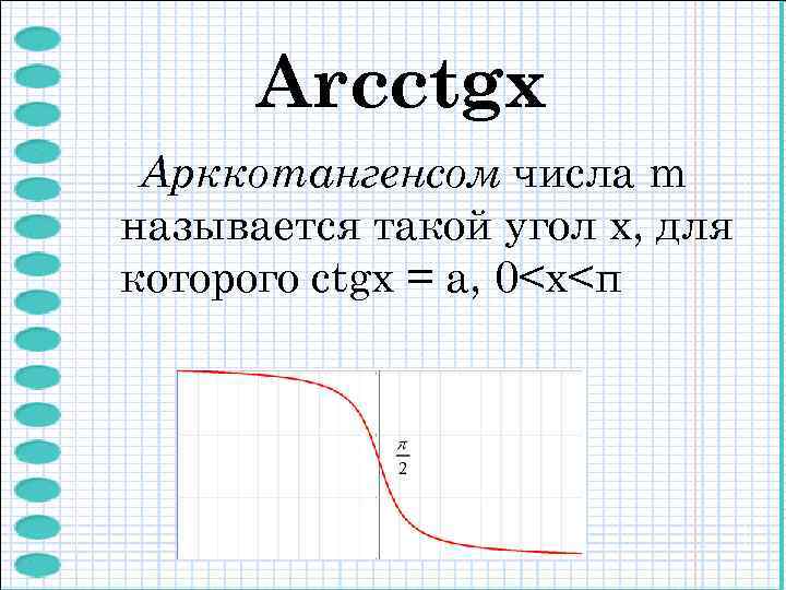 Arcctgх Арккотангенсом числа m называется такой угол x, для которого ctgx = a, 0<x<π