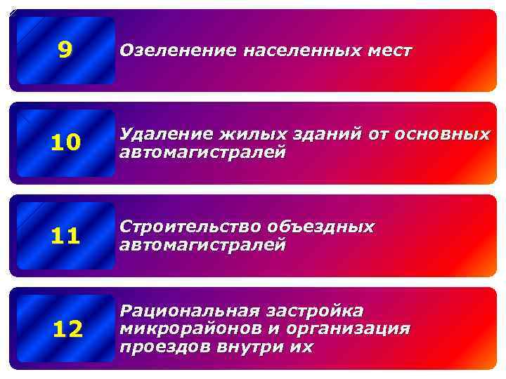 9 Озеленение населенных мест 10 Удаление жилых зданий от основных автомагистралей 11 Строительство объездных