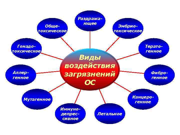 Общетоксическое Гонадотоксическое Аллергенное Раздражающее Эмбриотоксическое Виды воздействия загрязнений ОС Тератогенное Фиброгенное Канцерогенное Мутагенное Иммунодепрессивное