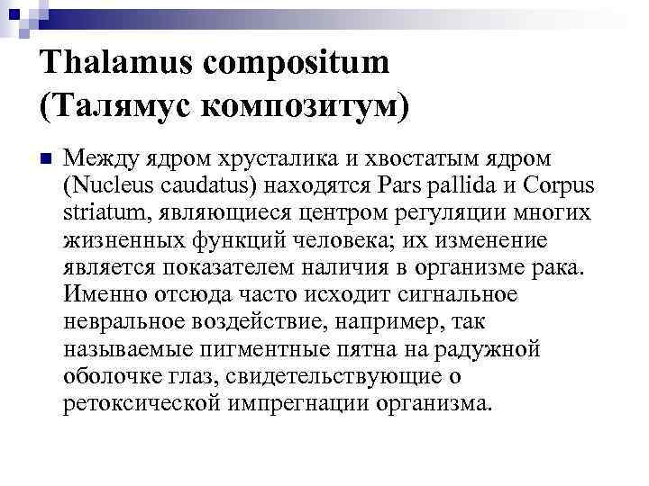 Thalamus compositum (Талямус композитум) n Между ядром хрусталика и хвостатым ядром (Nucleus caudatus) находятся