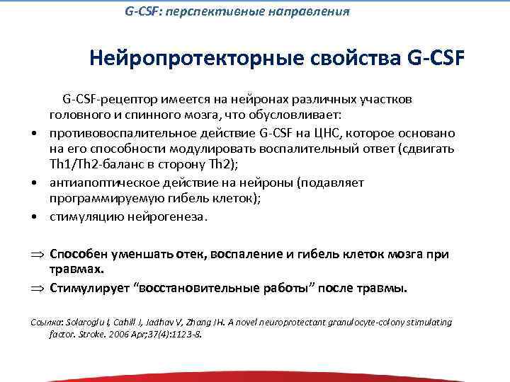 G-CSF: перспективные направления Нейропротекторные свойства G-CSF-рецептор имеется на нейронах различных участков головного и спинного