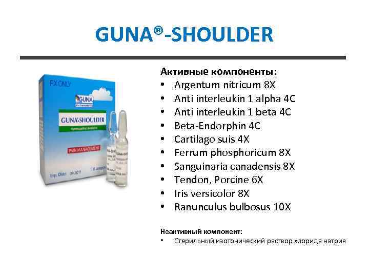 GUNA®-SHOULDER Активные компоненты: • Argentum nitricum 8 X • Anti interleukin 1 alpha 4