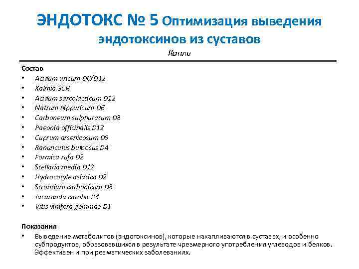 ЭНДОТОКС № 5 Оптимизация выведения эндотоксинов из суставов Капли Состав • Acidum uricum D