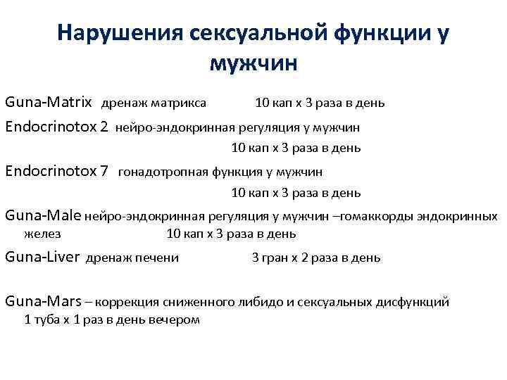Нарушения сексуальной функции у мужчин Guna-Matrix дренаж матрикса 10 кап х 3 раза в