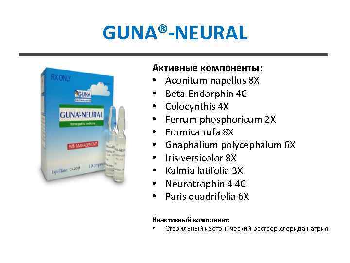 GUNA®-NEURAL Активные компоненты: • Aconitum napellus 8 X • Beta-Endorphin 4 C • Colocynthis