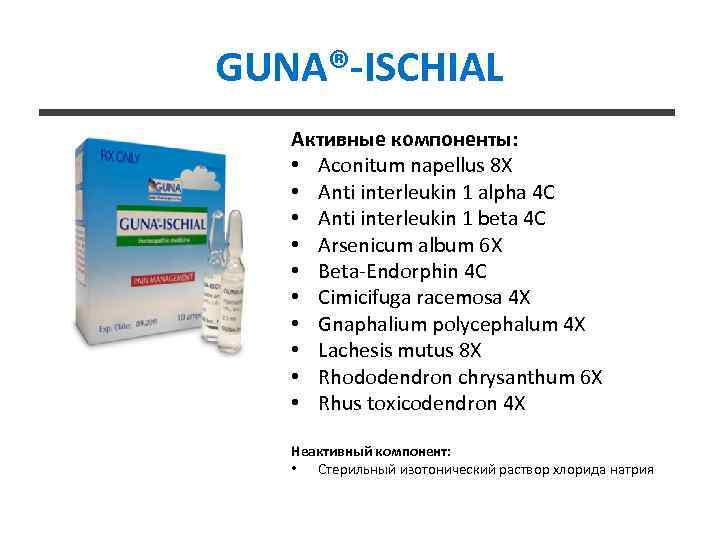 GUNA®-ISCHIAL Активные компоненты: • Aconitum napellus 8 X • Anti interleukin 1 alpha 4