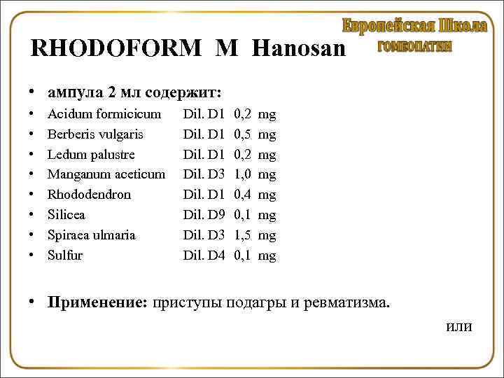 RHODOFORM M Hanosan • ампула 2 мл содержит: • • Acidum formicicum Berberis vulgaris