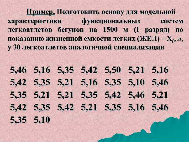 Пример. Подготовить основу для модельной характеристики функциональных систем легкоатлетов бегунов на 1500 м (І