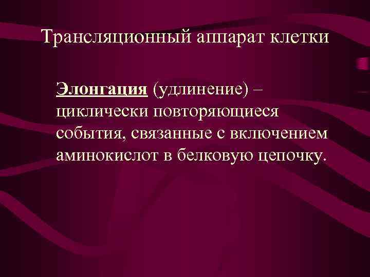 Трансляционный аппарат клетки Элонгация (удлинение) – циклически повторяющиеся события, связанные с включением аминокислот в