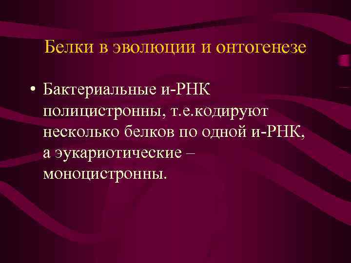 Белки в эволюции и онтогенезе • Бактериальные и-РНК полицистронны, т. е. кодируют несколько белков