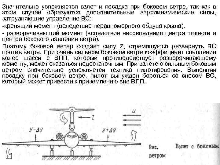 Значительно усложняется взлет и посадка при боковом ветре, так как в этом случае образуются