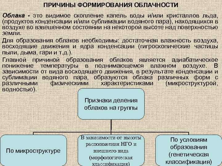ПРИЧИНЫ ФОРМИРОВАНИЯ ОБЛАЧНОСТИ Облака - это видимое скопление капель воды и/или кристаллов льда, (продуктов