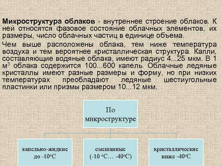 Микроструктура облаков - внутреннее строение облаков. К ней относятся фазовое состояние облачных элементов, их