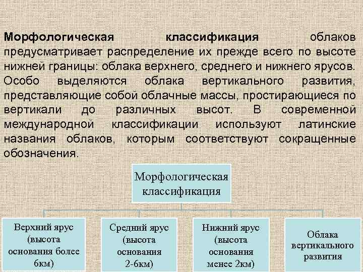 Морфологическая классификация облаков предусматривает распределение их прежде всего по высоте нижней границы: облака верхнего,