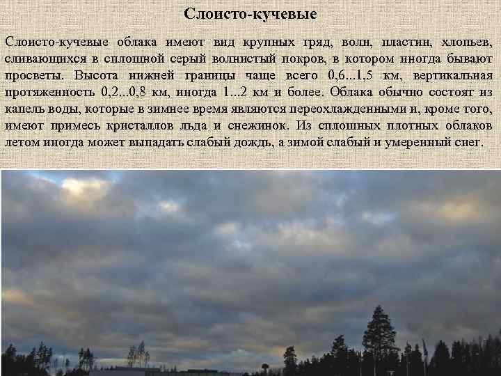 Слоисто-кучевые облака имеют вид крупных гряд, волн, пластин, хлопьев, сливающихся в сплошной серый волнистый