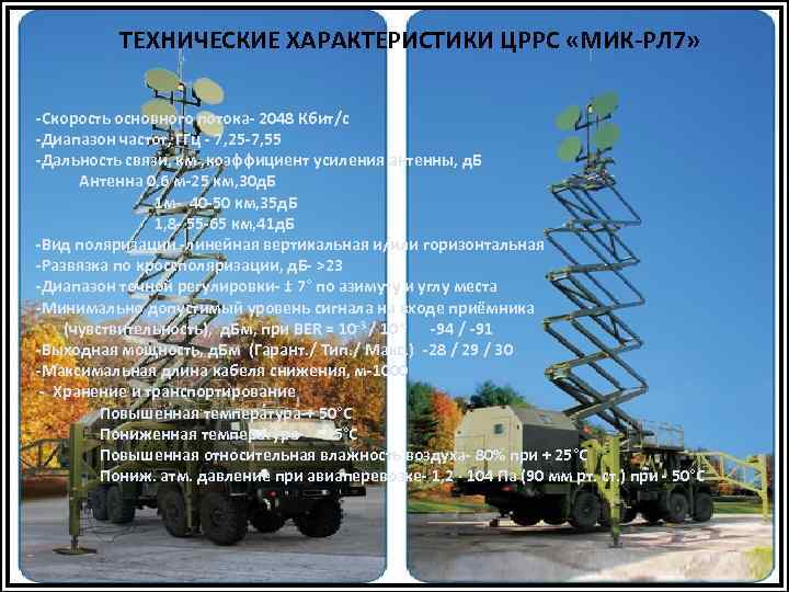 ТЕХНИЧЕСКИЕ ХАРАКТЕРИСТИКИ ЦРРС «МИК-РЛ 7» -Скорость основного потока- 2048 Кбит/с -Диапазон частот, ГГц -